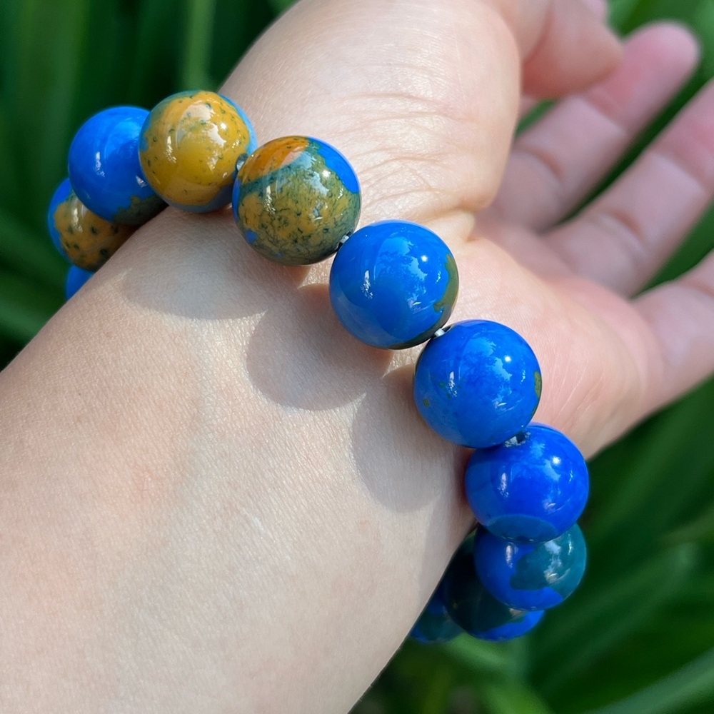 14mm stretchable blue earth pattern agate bracelet - Picture 4 of 13